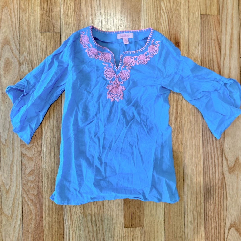 Lilly Pulitzer pool cover up Blue w Pink embroidery girls 4-5 swim beach cotton